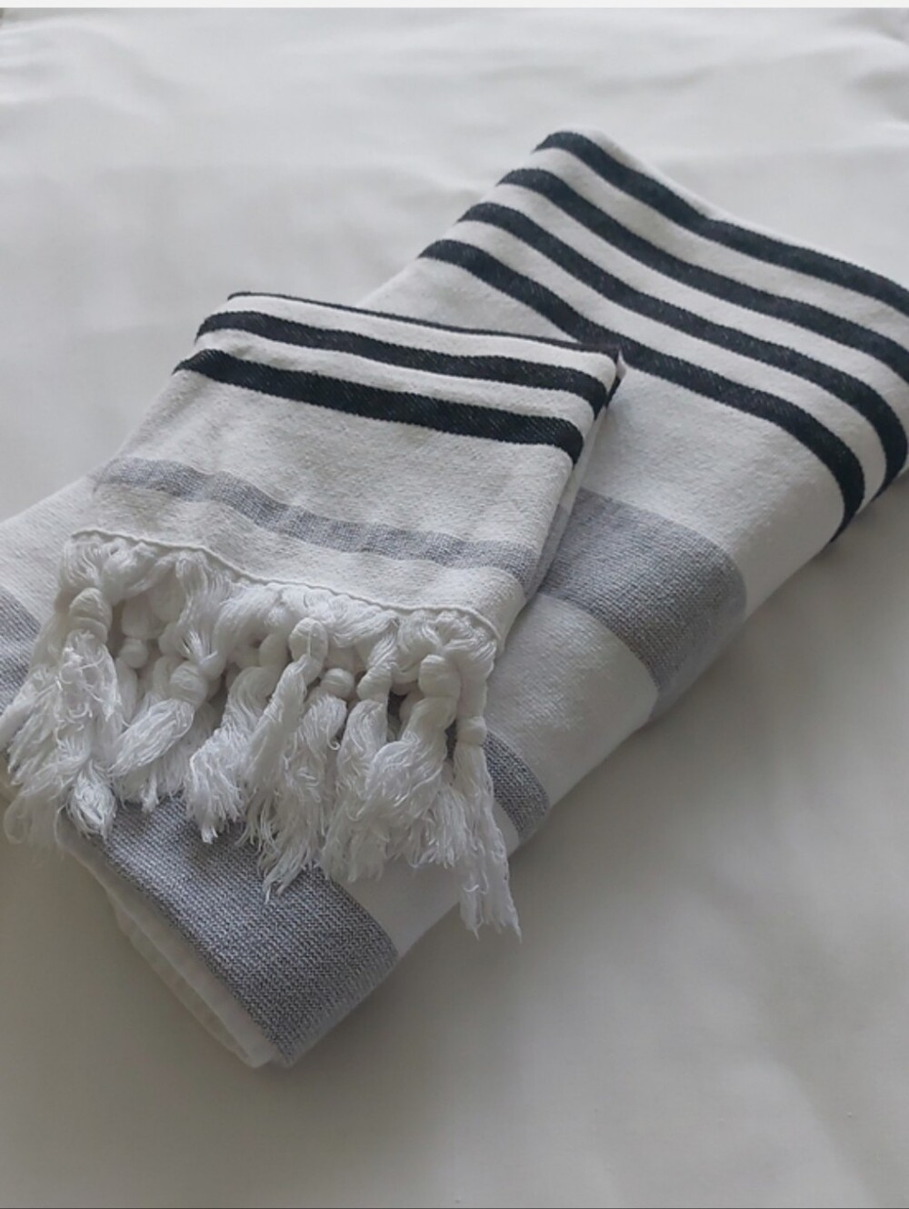 Striped Tassel Turkish Towel in White and Light Gray
